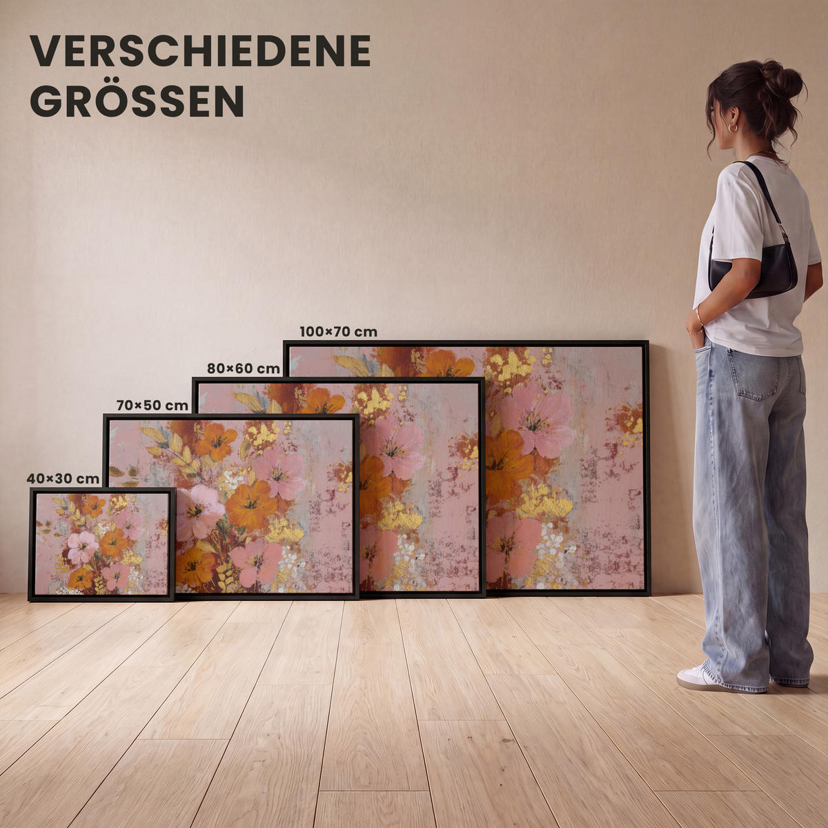 LEINWAND Bilder mit Rahmen - Malerei - Blumen - Rustikal - Rosa - 40x30 - Altrosa, Textil (40/30cm) - MuchoWow