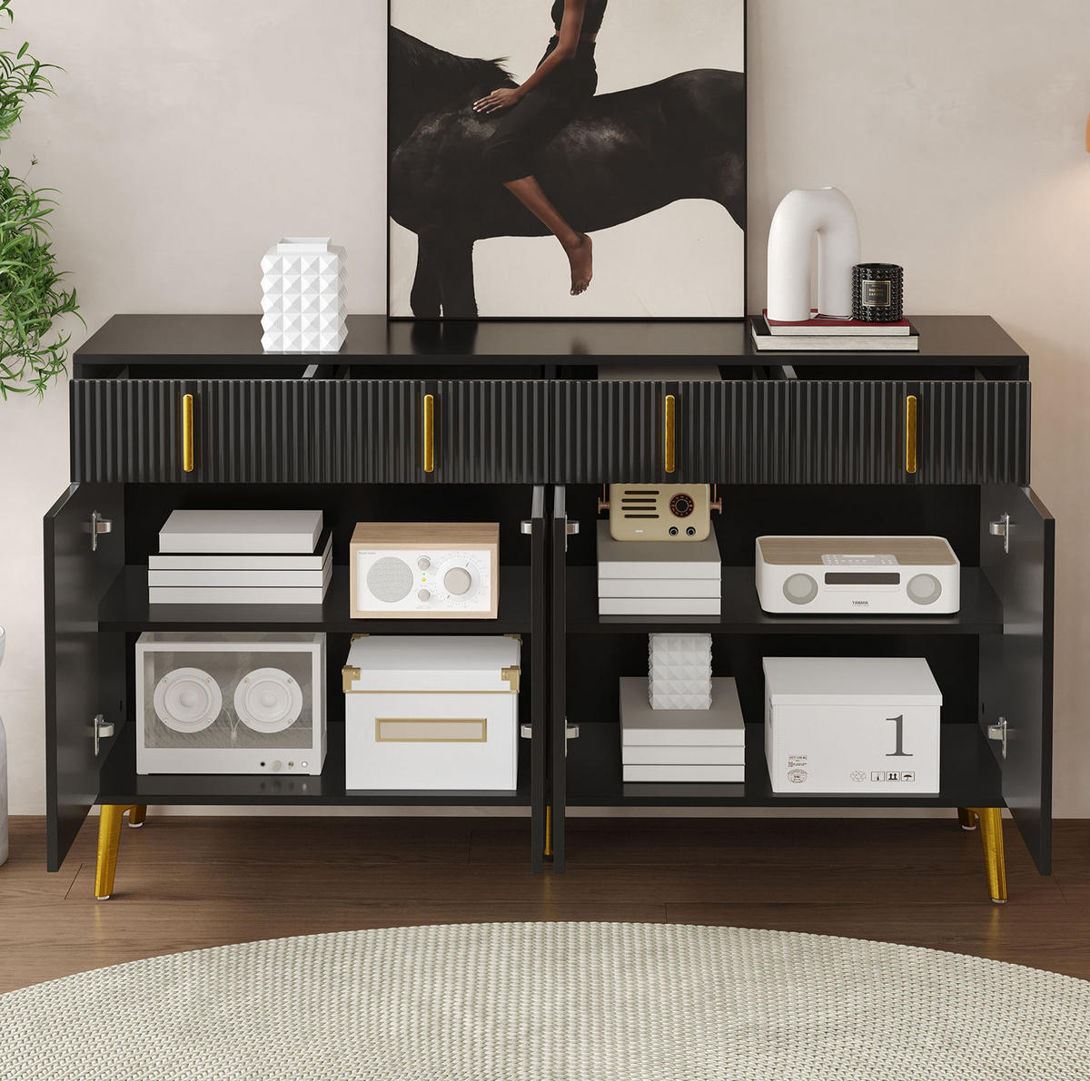 SIDEBOARD mit 4 Türen und 4 Schubladen, (MDF/Melamin), goldfarbenen Griffen und Beinen, 140/38/82 cm, Schwarz - Schwarz, Holzwerkstoff (140/82/38cm) - Redom