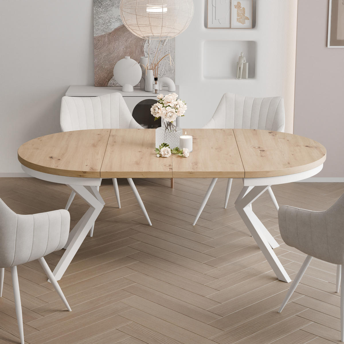 AUSZIEHTISCH MILTON 90-166/76 cm mit Metallgestell, Weiß / Artisan-Eiche - Weiß/Eiche Artisan, Holzwerkstoff/Metall (90/90/76cm) - Idohome