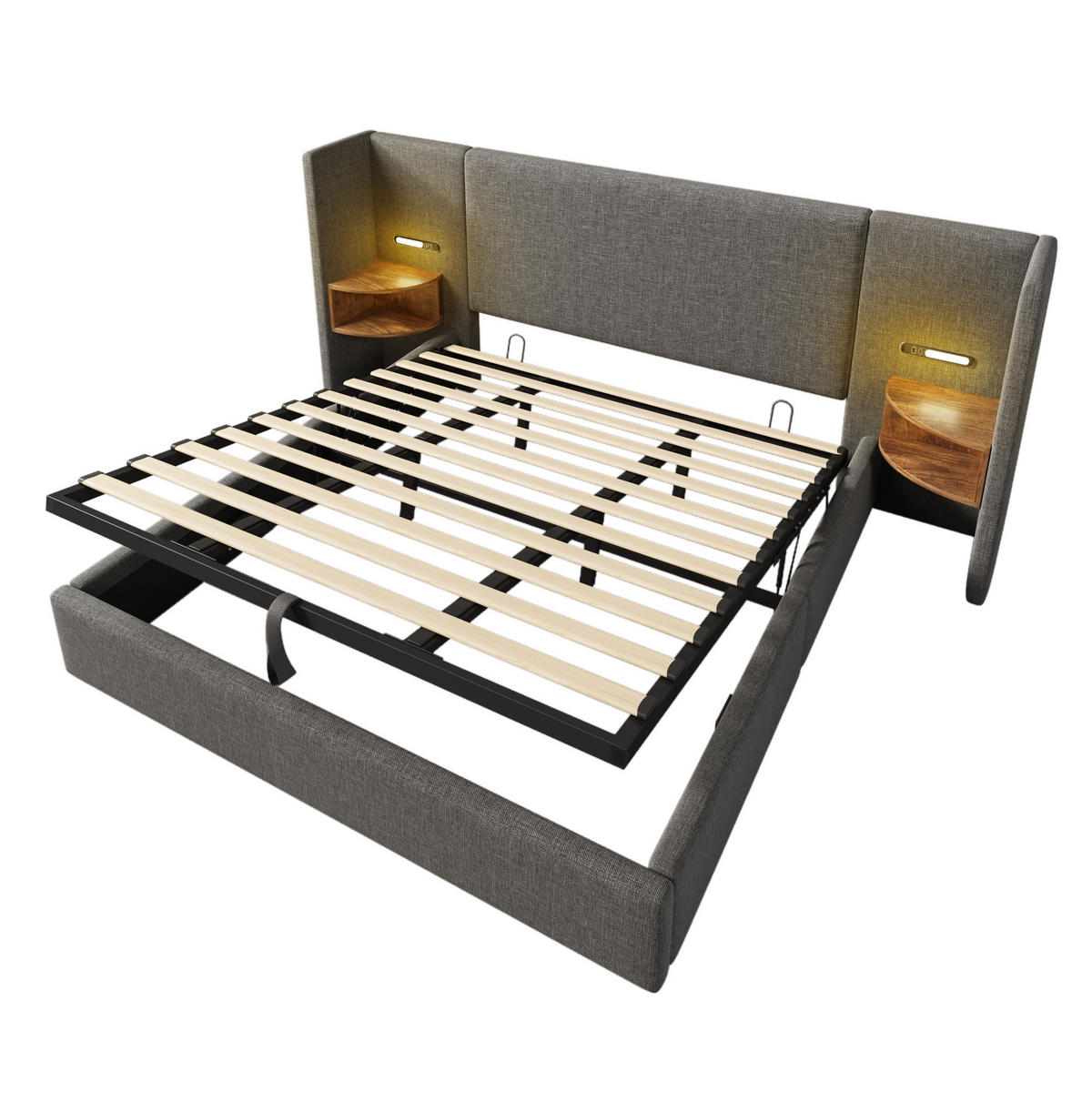 POLSTERBETT aus Leinen 180x200 cm Grau mit Bettkasten, Leselampe und USB-/Type-C-Anschlüssen - Grau, Textil (180/200cm) - IVMEU