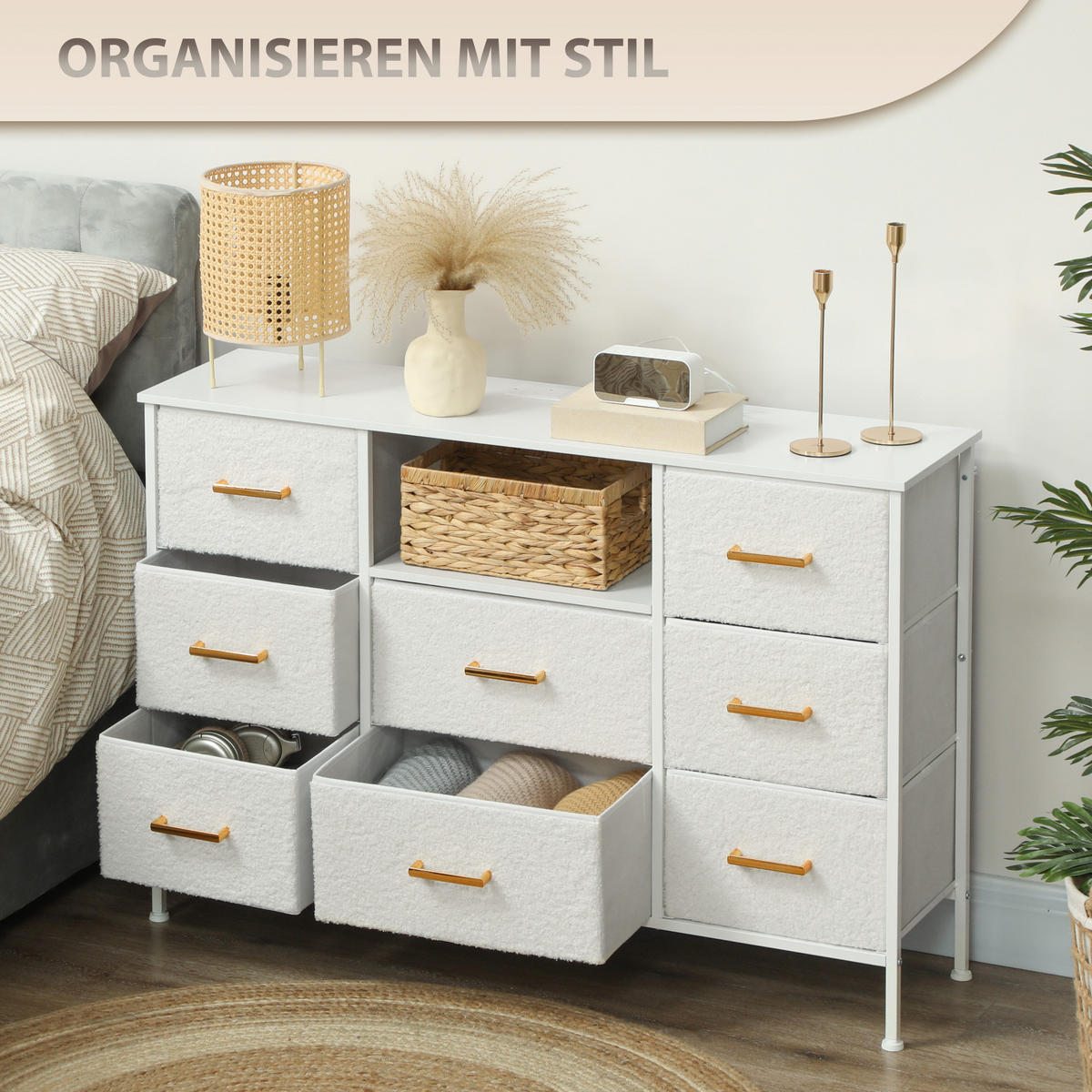 KOMMODE, Aufbewahrungsschrank mit 8 Schubladen aus Stoff, Stahlrahmen, Cremeweiß - Goldfarben/Creme, Textil/Metall (30/76/110cm) - HOMCOM