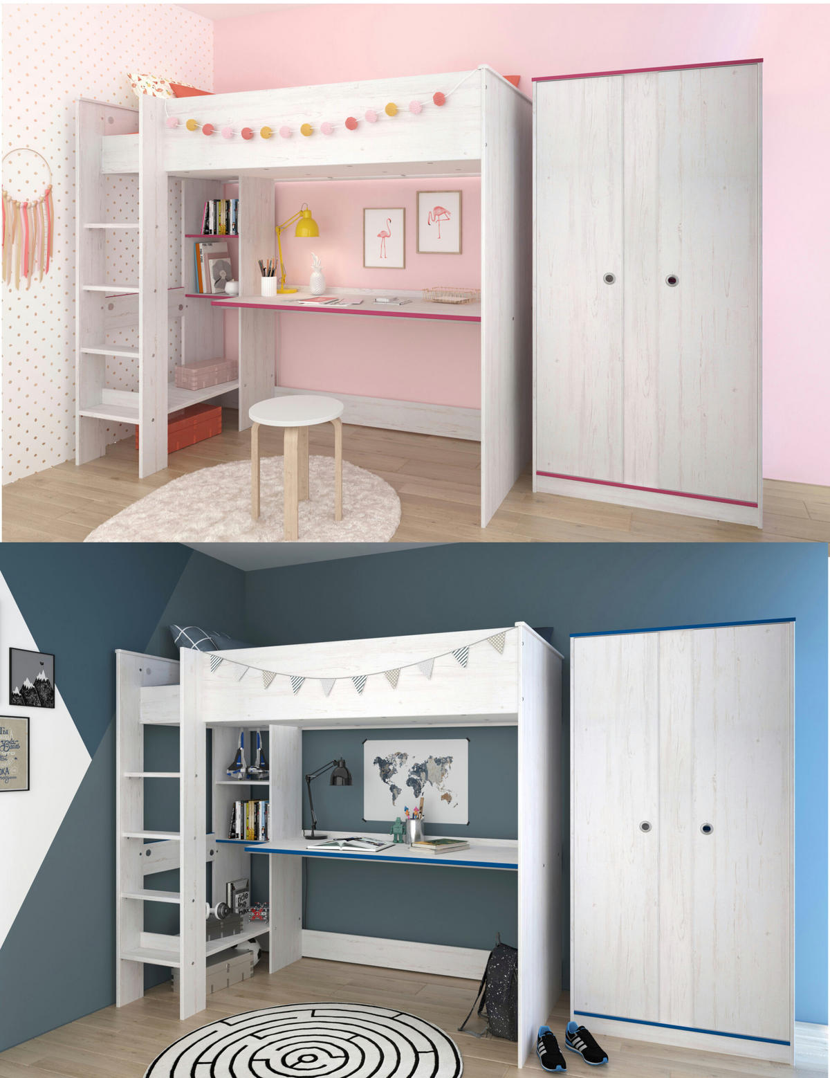 JUGENDZIMMER Smoozy 4 in Kiefer Weiß mit rosa ODER blauen Absetzungen 3 teilig mit Hochbett - Weiß, Holzwerkstoff (120/200/80cm)