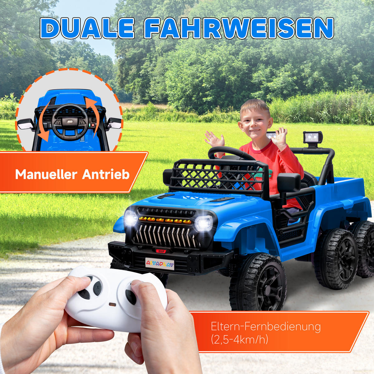 ELEKTRISCHES Kinderauto 12V, mit Anhänger, LED-Lichtern, Musik und Hupe, für Kinder im Alter von 3-8 Jahren, Hellblau - Hellblau, Kunststoff/Metall (122/62.5/65cm) - AIYAPLAY
