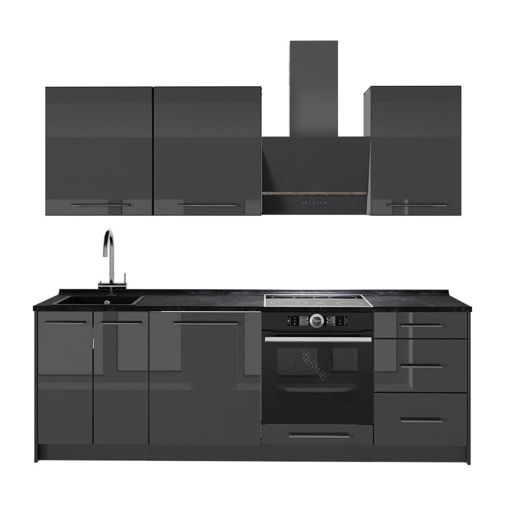 KÜCHENZEILE Fame-Line, Anthrazit Hochglanz/Anthrazit, 230 cm, AP Anthrazit - Schwarz Hochglanz/Anthrazit, Holzwerkstoff (230/206.8/60cm) - Vicco