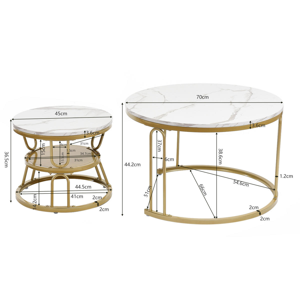 COUCHTISCH 2er Set rund schiebbar Marmoroptik Metall gold weiß - Weiß, Holz (45/70/44.2cm) - LEBENLANG