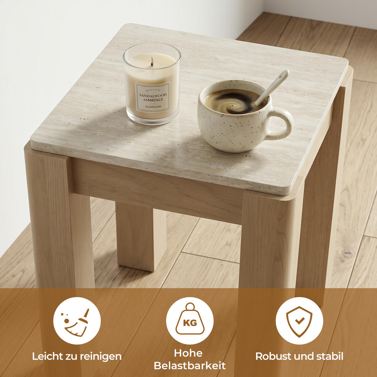 BEISTELLTISCH Holz mit Travertin-Optik 40 × 40 × 49 cm - Eichefarben, Holzwerkstoff (40/40/49cm) - Hometopia