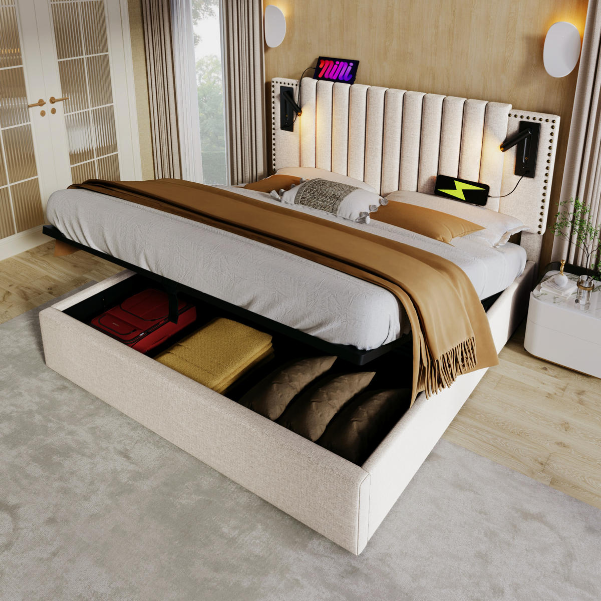 POLSTERBETT mit Bettkasten 180x200 cm Beige mit USB und Leselicht - Beige, Metall (180/200cm) - Meubliv