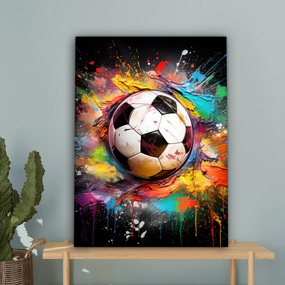 LEINWANDBILD Fußball - Farbe - Farben - Schwarz - Weiß Wandbild Wohnzimmer 60x80 cm - Weiß, Textil (60/80cm) - MuchoWow