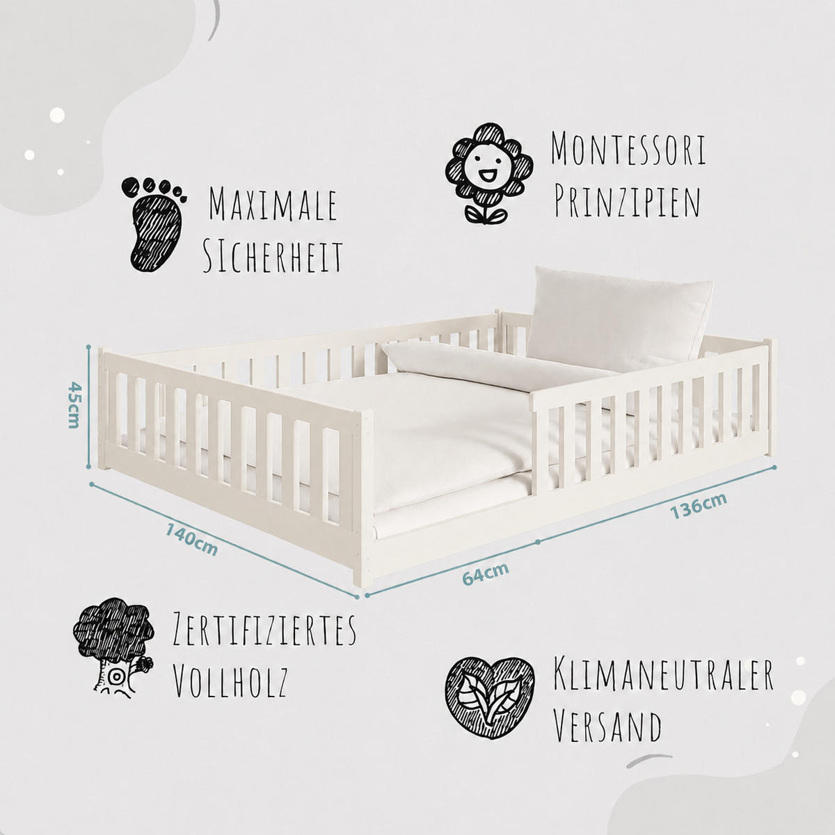 BODENBETT 140x200 cm in Baumwolle - Beige, Holz (140/200cm) - Kids Collective