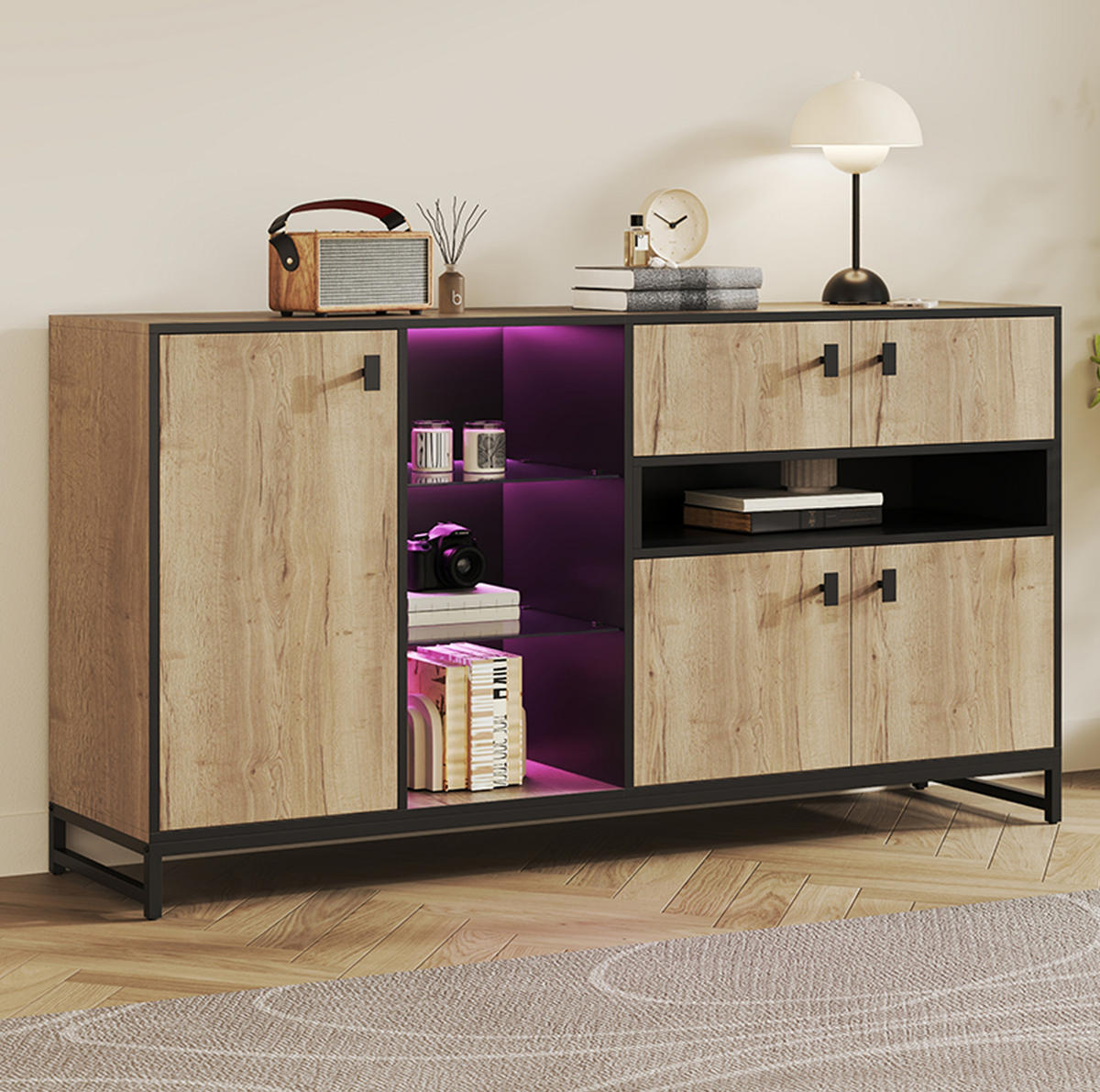 SIDEBOARD 160/40/84,5 cm mit LED-Beleuchtung, Glasregalen und verstellbarem Einlegeboden, Natur - Naturfarben, Holzwerkstoff (160/84.5/40cm) - Redom