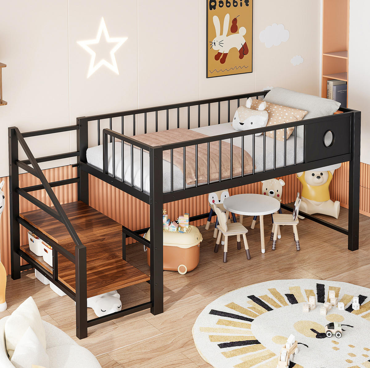 VYSOKÁ posteľ 90/200 cm čierna s úložným rebríkom z MDF a kovu - čierna, kov (90/200cm) - OKWISH