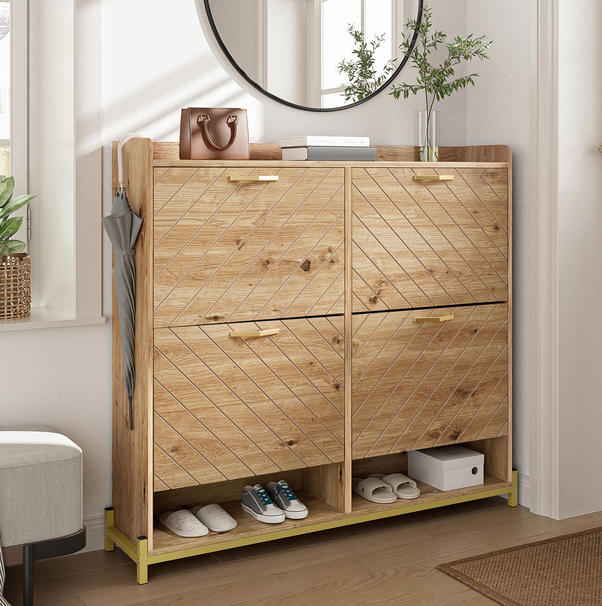 SCHUHSCHRANK 108,5/24/100 cm in Holzoptik mit 4 Türen und Metallfüßen - Naturfarben, Holzwerkstoff (108.5/100/24cm) - Flora Grace
