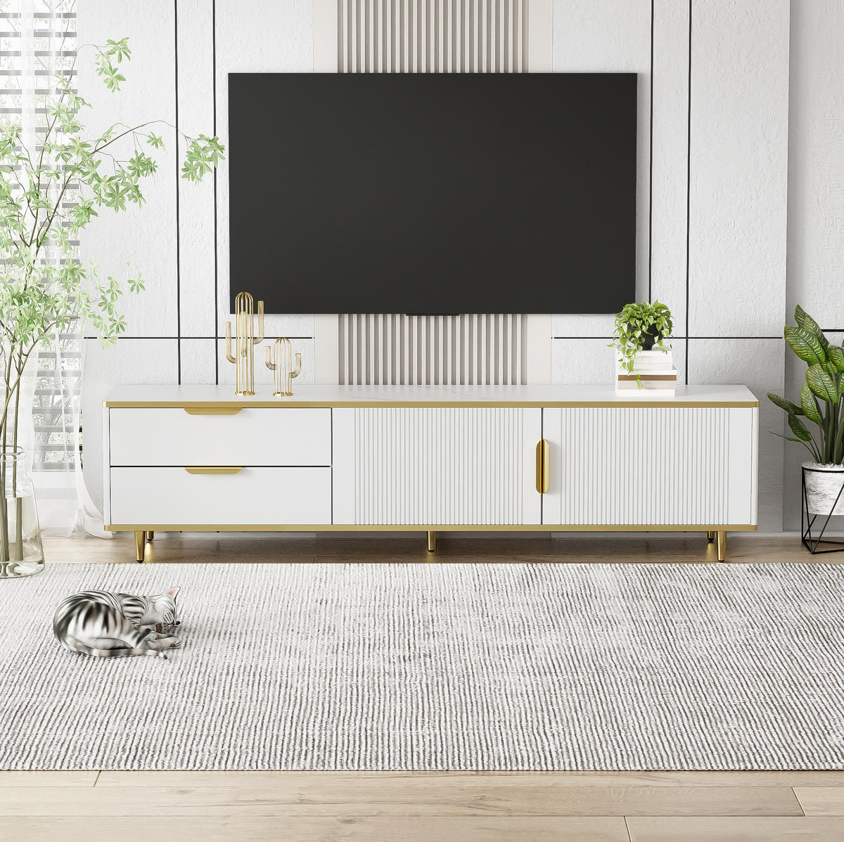 TV-SCHRANK mit 2 Schubladen 170 x 37 x 45 cm Weiß Gold - Weiß, Holzwerkstoff (37/45/170cm) - Beauniv