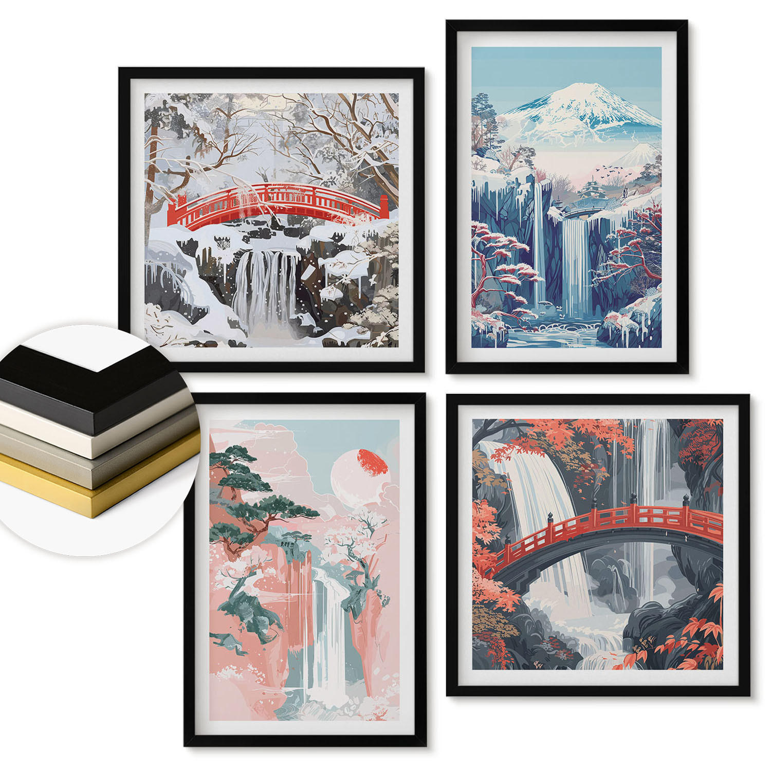 WANDBILDER 4er-Set - 50x50 cm & 40x60 cm Schwarzer Rahmen - Wasserfälle, Berge, Brücken, Bäume - Schwarz, Kunststoff (50/50cm) - ArtPrintCave