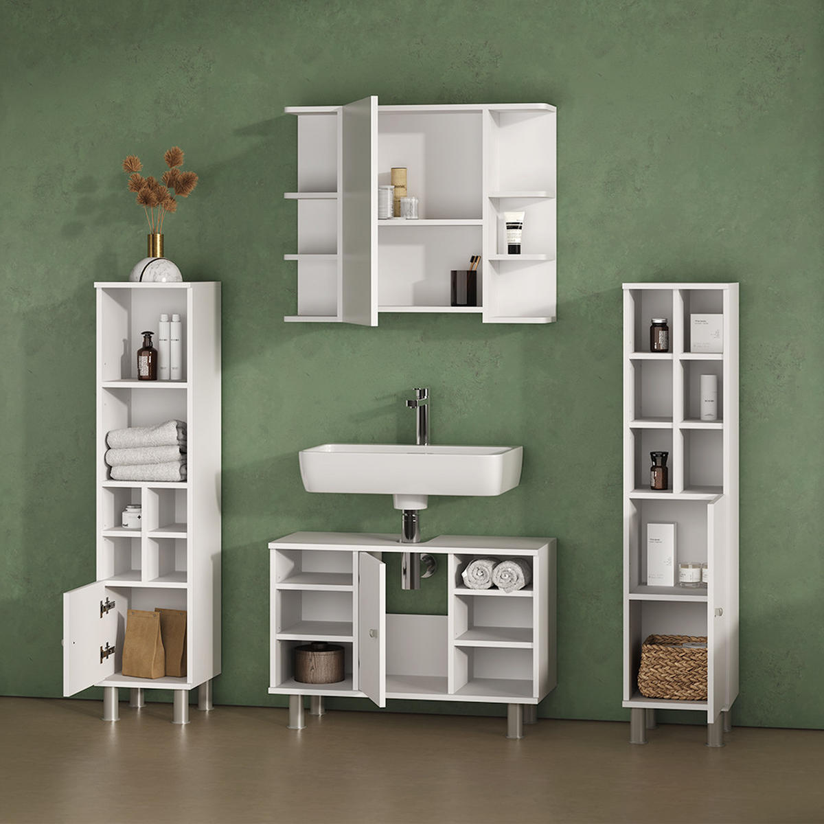 BADMÖBEL-SET Fucino Weiß 4 Teile, mit Midischränke - Weiß, Holzwerkstoff (80/130/32cm) - Livinity®