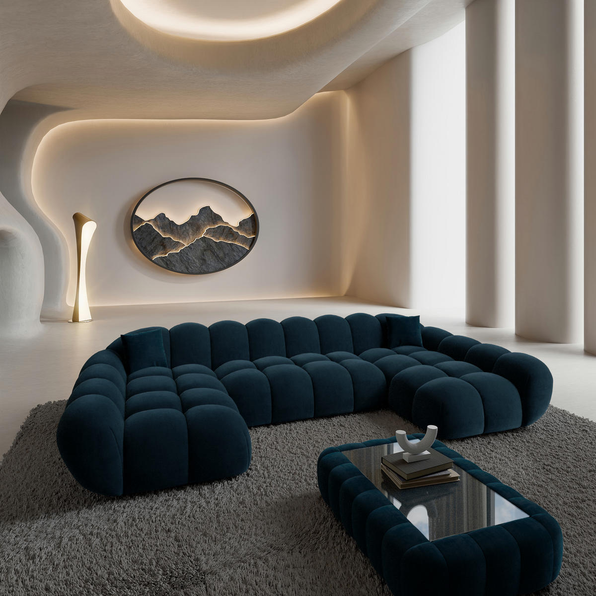 WOHNLANDSCHAFT Liva Mitternachtsblau Samtstoff U-Form XXL Studio - Dunkelblau, Textil (330/70/160cm) - VAROYAL