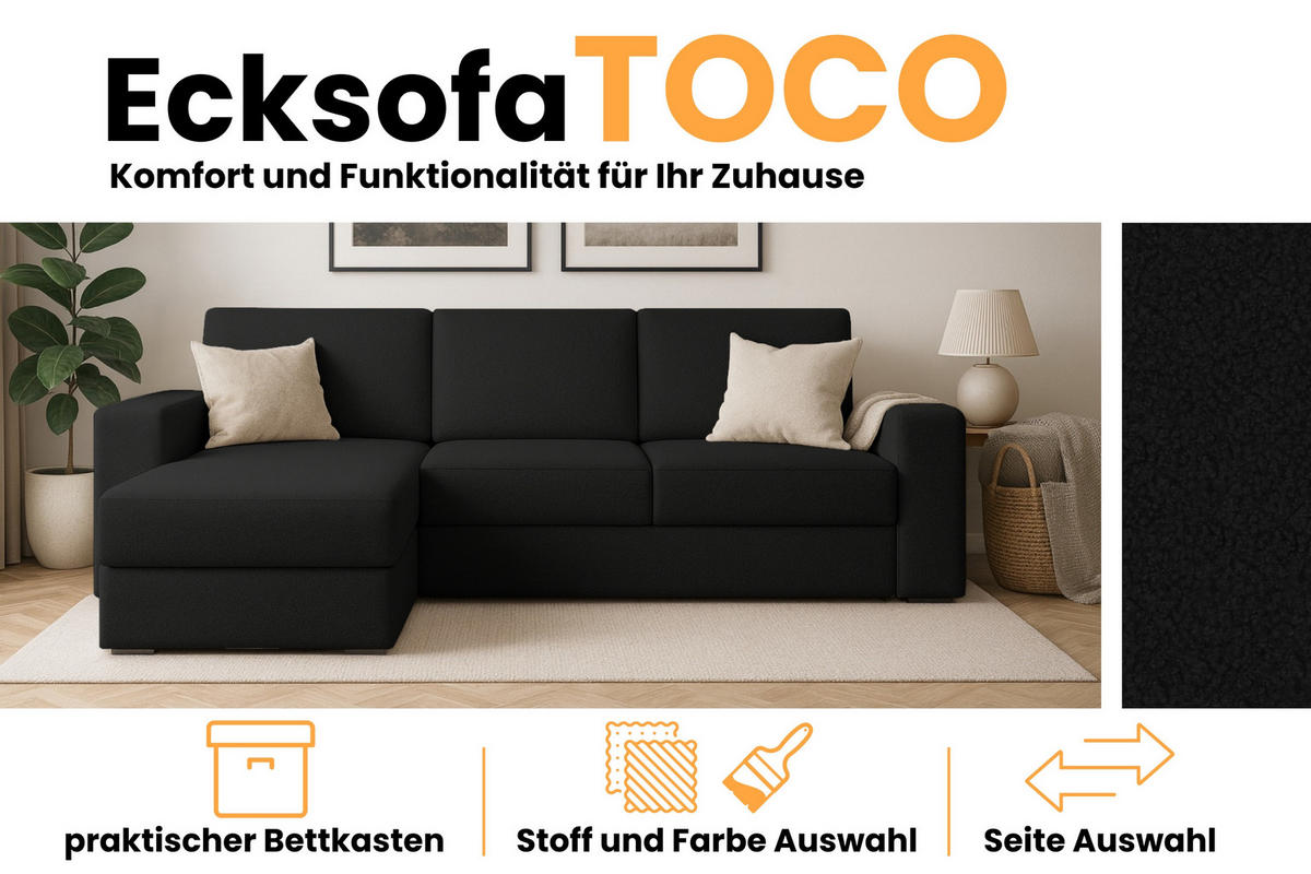 ECKSOFA TOCO L 240x145 cm in Boucle Schwarz links - Schwarz, Holz/Holzwerkstoff (240/145cm) - Deine Möbel 24