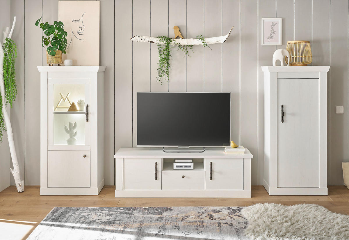 VITRINE weiß Pinie Landhaus, Vitrinenschrank 70 x 146 cm, Soft-Close-Funktion - Weiß, Holzwerkstoff/Kunststoff (72/146/38cm) - Furn.Design