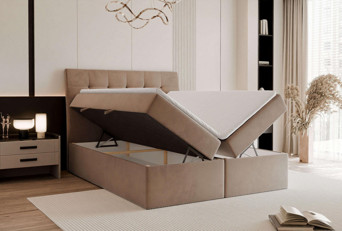 BOXBETT BAILEY 120/200 cm mit Matratze und Topper, Hellbraun - Hellbraun/Schwarz, Textil/Metall (120/200cm) - Idohome