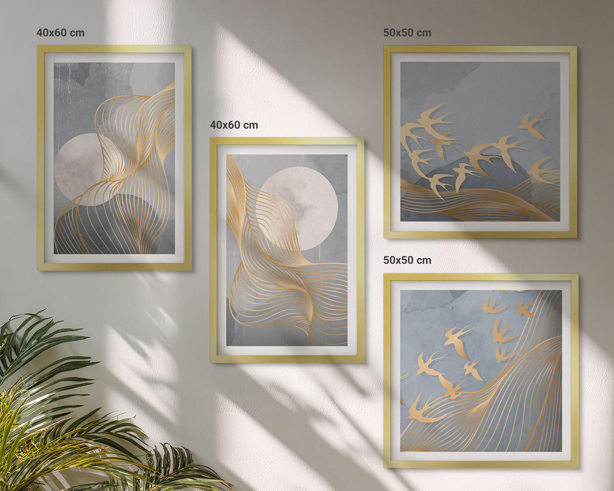 WANDBILDER 4er Set - 50x50 cm & 40x60 cm Goldrahmen - Abstrakte Wellenkreise, grau - Goldfarben, Kunststoff (50/50cm) - ArtPrintCave