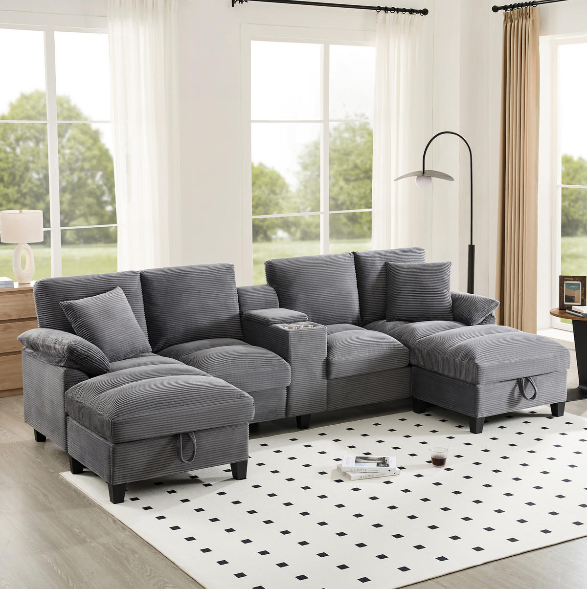 SOFA in U-Form mit Stauraum 293 x 142 cm Cord Grau mit 2 Kissen - Grau, Kunststoff (142/93/293cm) - Meubliv