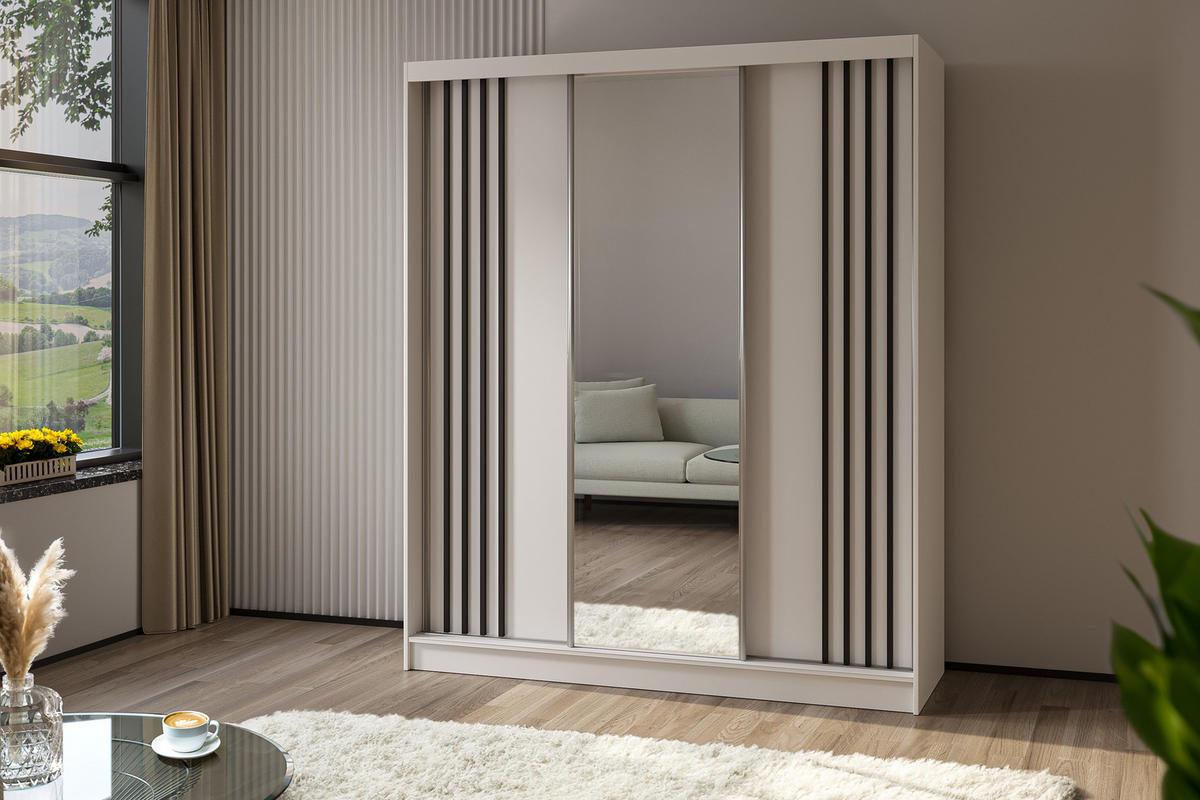 KLEIDERSCHRANK mit Spiegel-Schiebetüren und Aluminium-Leisten - NALLA - 180 cm Weiß+Weiß+Schwarz - Schwarz/Weiß, Holzwerkstoff (180/216/61cm) - ALTDECOR