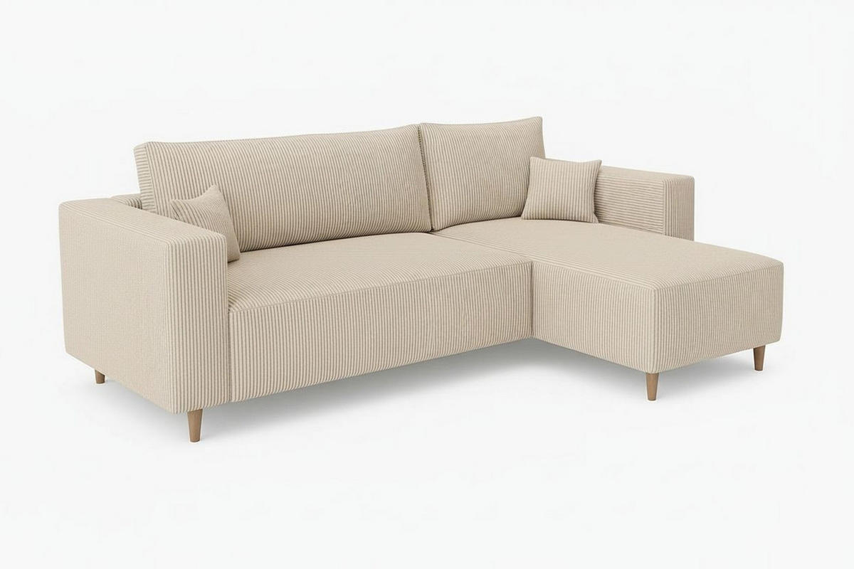 ECKSOFA RIO mit Schlaffunktion und Bettkasten, Farbe: Creme, Cordstoff, Ottomane Universal - Creme, Textil (249/142cm) - Marpur