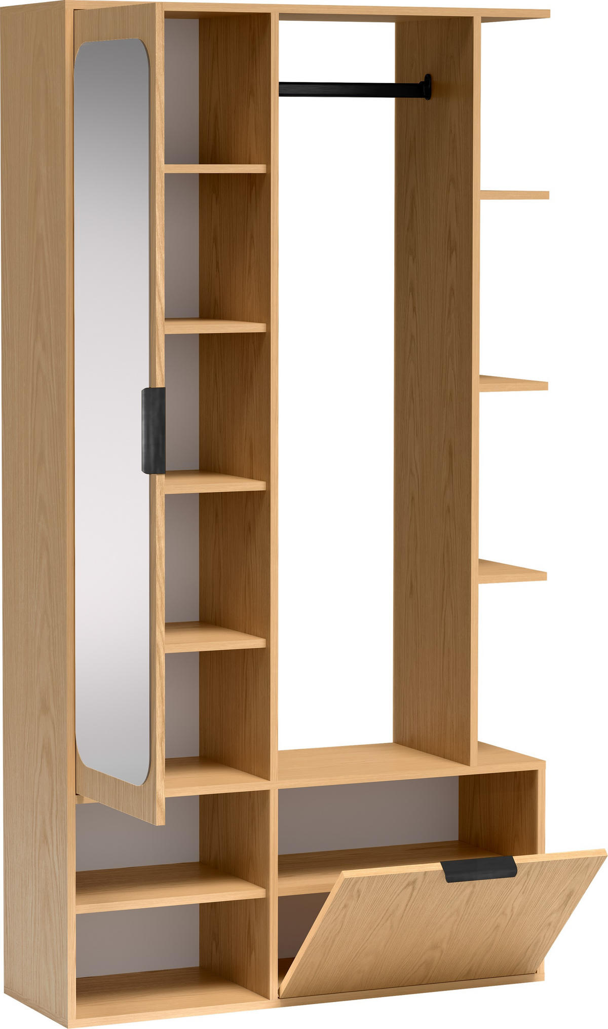 GARDEROBE Mela mit Spiegel, Sitzbank & Kleiderstange – 100/189/33 cm – Eiche Hellbraun - Eichefarben/Schwarz, Holzwerkstoff/Metall (100/189.4/33cm) - WFL GROUP