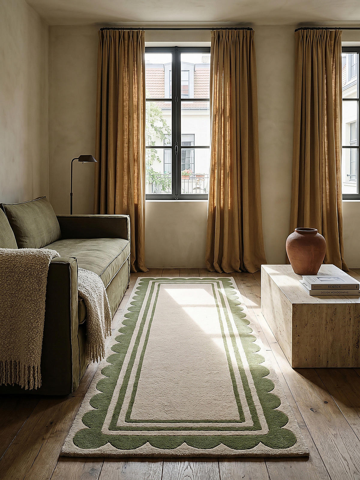 WOLLTEPPICH WENSUM, mit grafischem Muster mit Rahmen, Grün-Beige, 80 x 230 cm - Grün, Textil (80/230cm) - KADIMA DESIGN