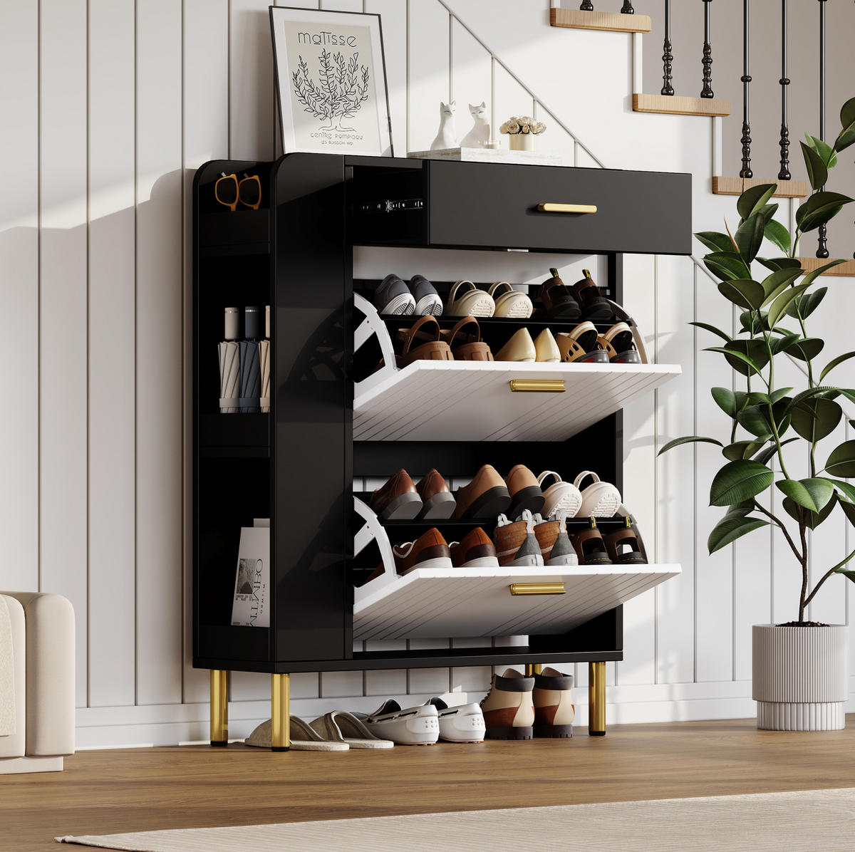 SCHUHSCHRANK 80/24/105 cm weiß/schwarz aus MDF mit Klappenfächern - Weiß, Holzwerkstoff (80/105/24cm) - OKWISH