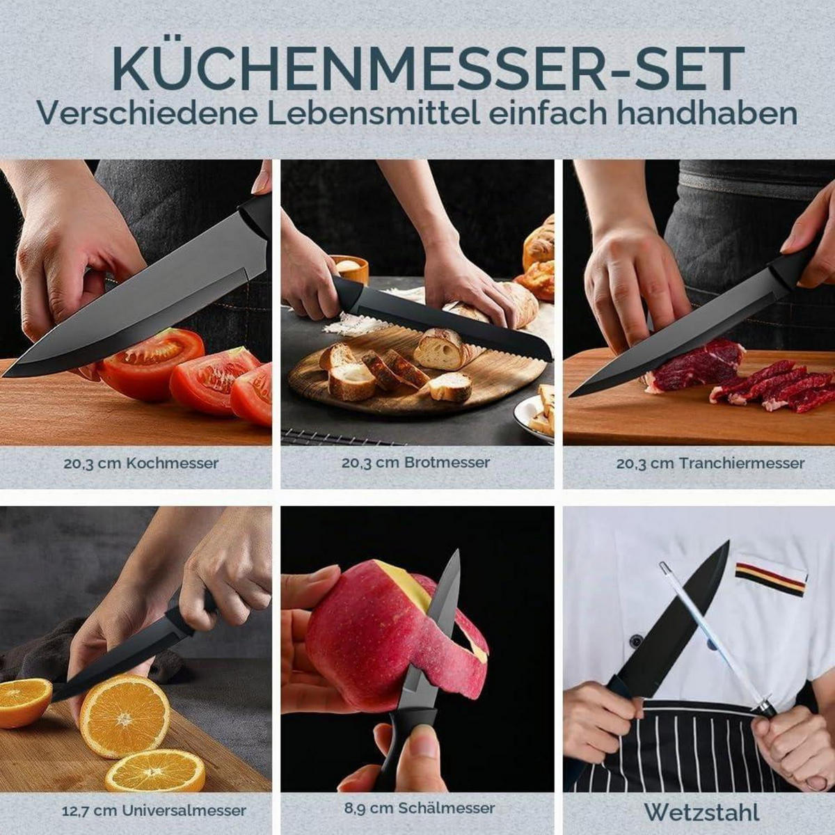 KÜCHENMESSER Set 7-teilig mit Holzblock und Antihaftbeschichtung - Silberfarben, Metall