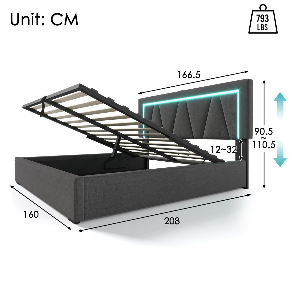 POLSTERBETT 160/200 cm mit LED-Beleuchtung, USB-C, Bettkasten und Matratze, Leinenoptik, Grau - Grau, Textil (160/200cm) - Redom