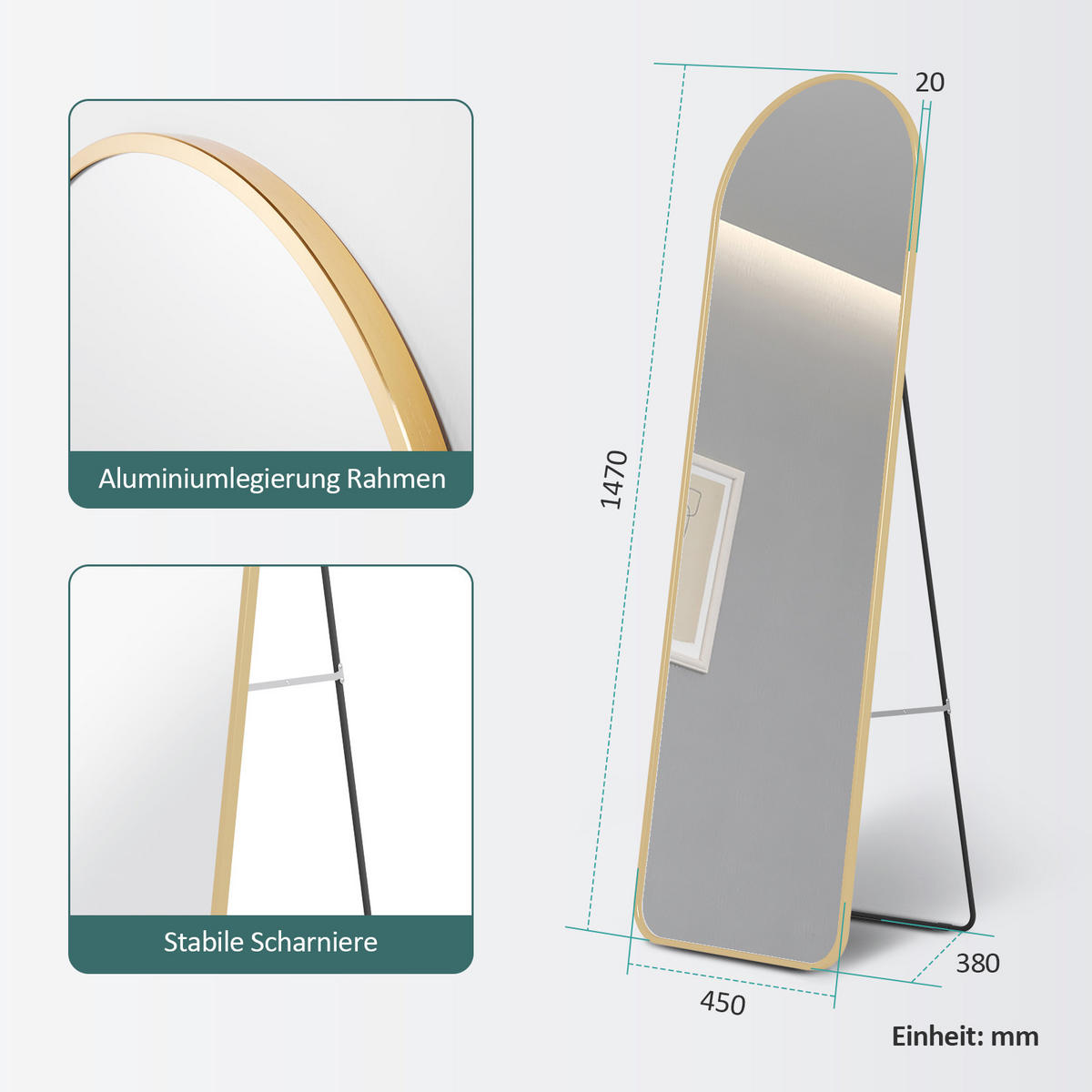 STANDSPIEGEL mit Rahmen Gehärteter Silberspiegel Gold 147/45 cm - Goldfarben, Glas/Metall (45/147/147cm) - EMKE