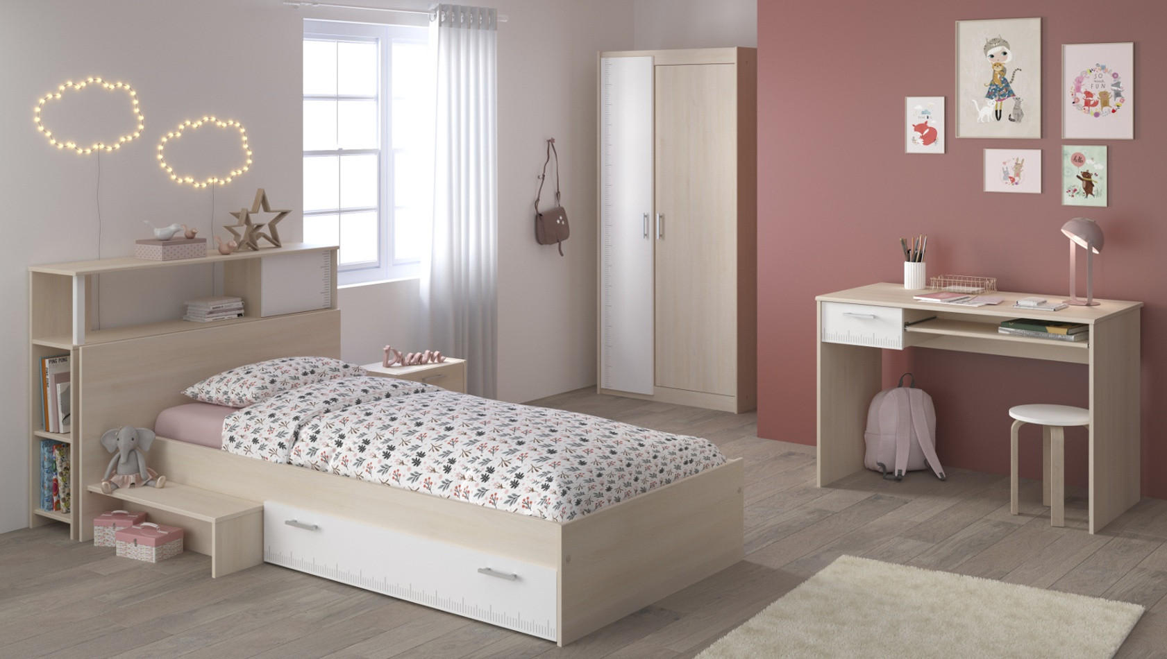 KINDERZIMMER Jugendzimmer Komplett-Set 5-tlg. Kleiderschrank Schreibtisch Bett 90x200 - Silberfarben/Weiß, Holz/Holzwerkstoff (203/180/123cm) - Parisot Meuble