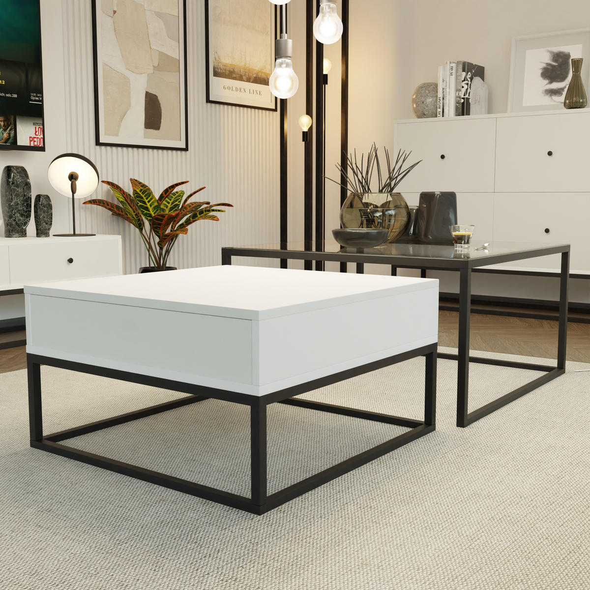 COUCHTISCH quadratisch Weiß, MDF/Glas Tischplatte, Rahmen Schwarz - Schwarz/Weiß, Glas/Holzwerkstoff (70/70/42cm) - Idohome