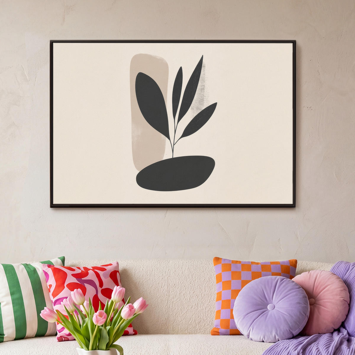 LEINWAND Bilder mit Rahmen - Pflanze - Beige - Japanisch - 90x60 - Schwarz, Textil (90/60cm) - MuchoWow