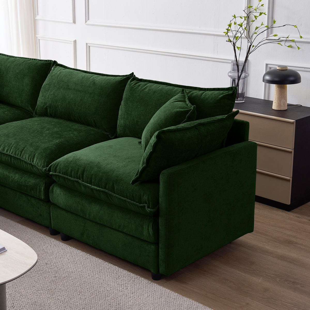 ECKSOFA 267/154/85 cm grün aus Chenille mit Hocker und modularem Design - Grün, Textil (154/267cm) - OKWISH