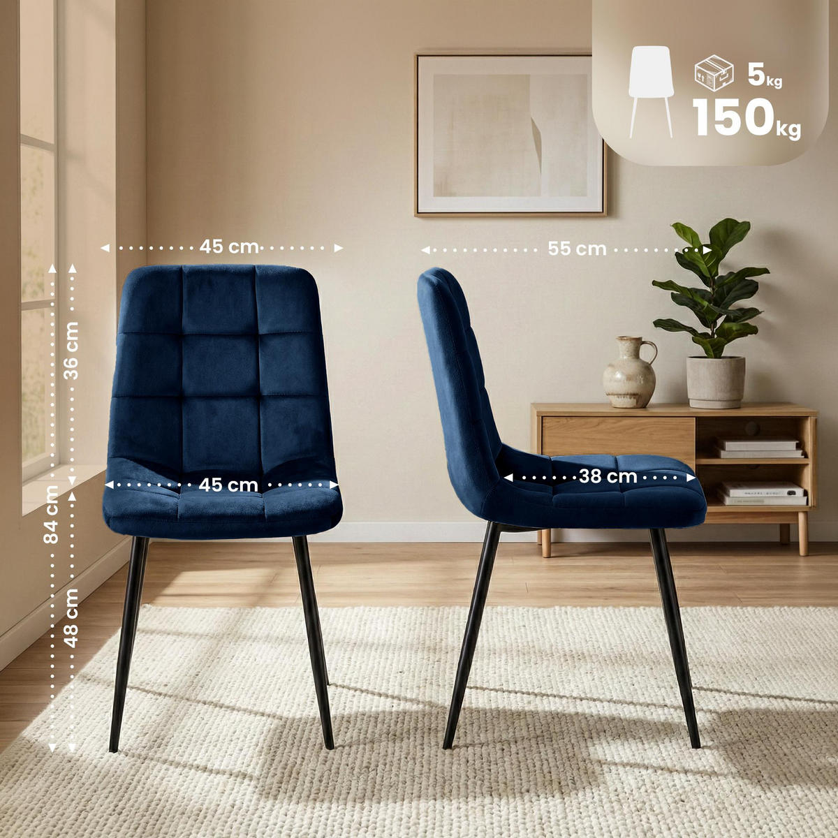 STUHL Samt Dunkelblau - Schwarz/Dunkelblau, Textil/Metall (45/84/55cm) - CLP