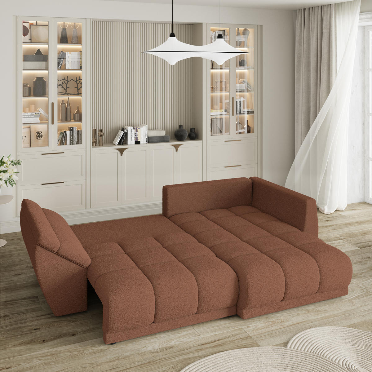 ECKSOFA ORENTI R-S Kupferfarben Boucle-Stoff mit Schlaffunktion - Kupferfarben, Holz (287/182cm) - MASSENO