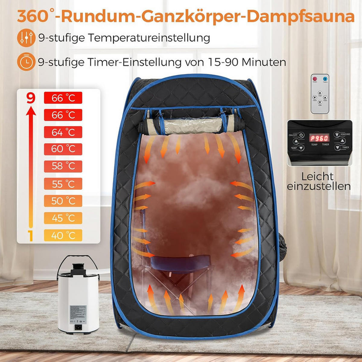 DAMPFSAUNA Tragbare schwarz - Schwarz, Textil (89/149/89cm) - COSTWAY