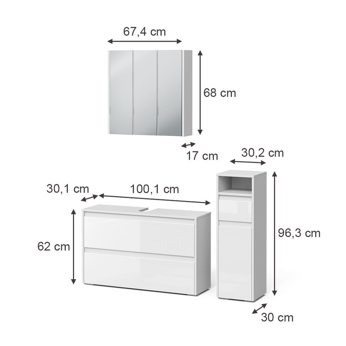 KOMPLET KOPALNIŠKEGA POHIŠTVA Majest, Bela visok sijaj/Bela, 3-delni - bela/visoki sijaj, leseni material (100/62/30.1cm) - Vicco