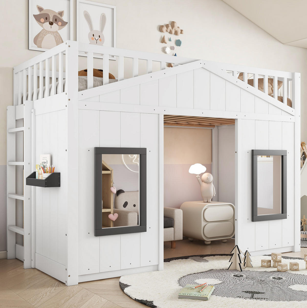 ETAGENBETT 90/200 cm mit Treppe, Fallschutz, Fenstern und Stauraum aus Kiefernholz und MDF, Weiß/Grau - Weiß, Holzwerkstoff (90/200cm) - Redom