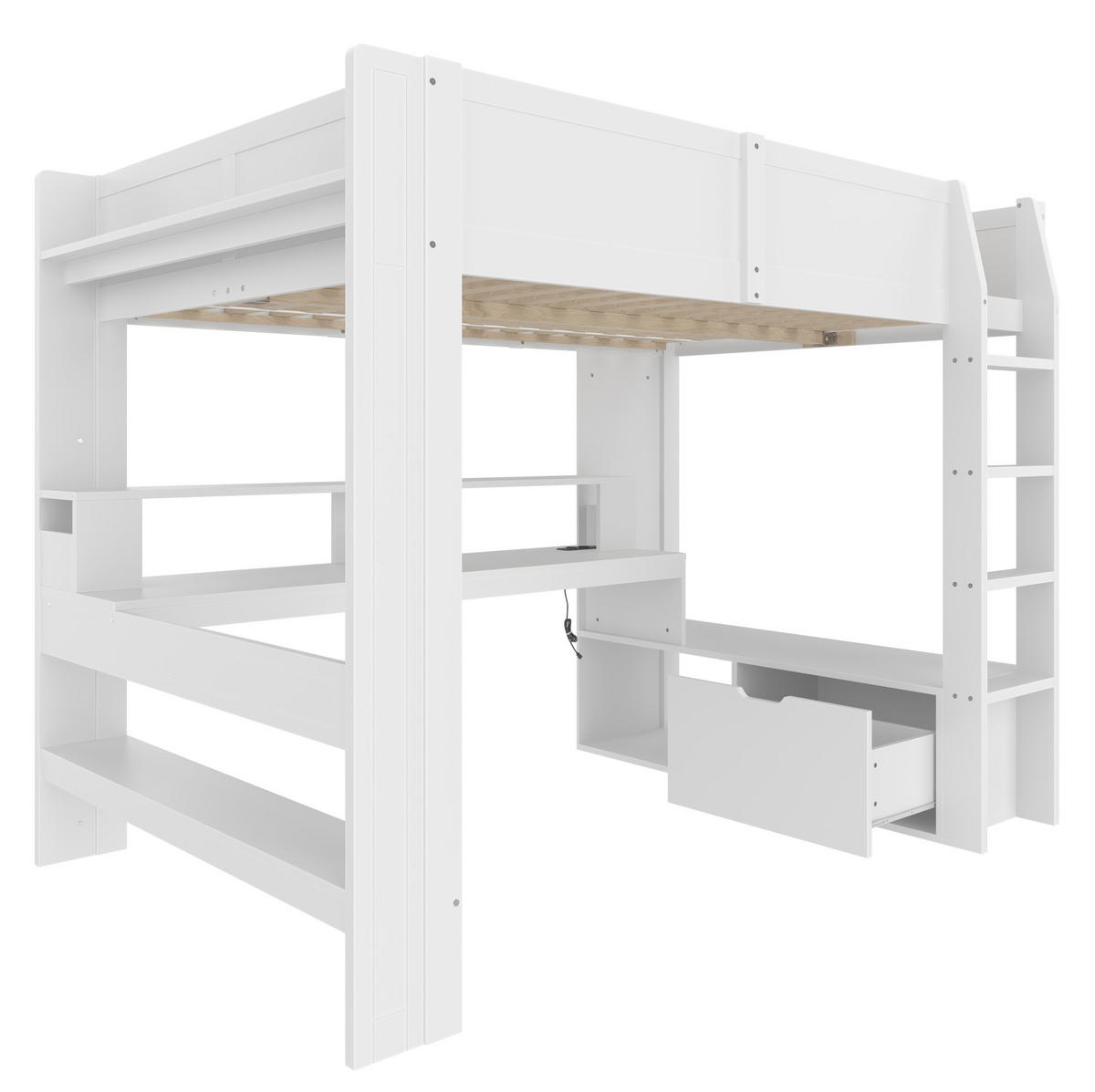 HOCHBETT 140/200 cm mit Schreibtisch, Regal, Schublade und LED-Beleuchtung aus Massivholz, Weiß - Weiß, Holz (140/200cm) - Redom