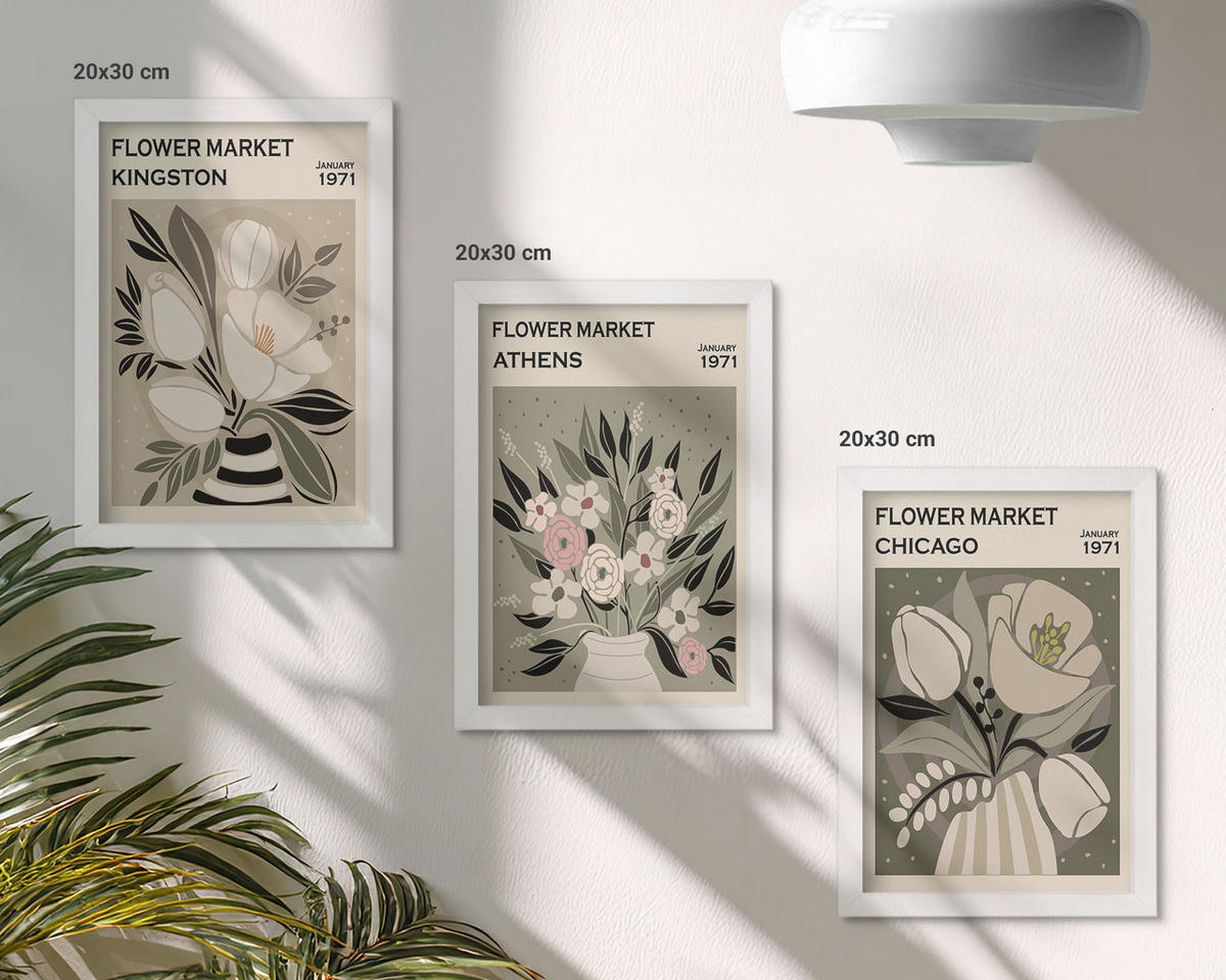 BILDER SET 3er Set - 20x30 cm Weißer Rahmen - Retro-Blumenarrangements - Weiß, Kunststoff (20/30cm) - TULUP