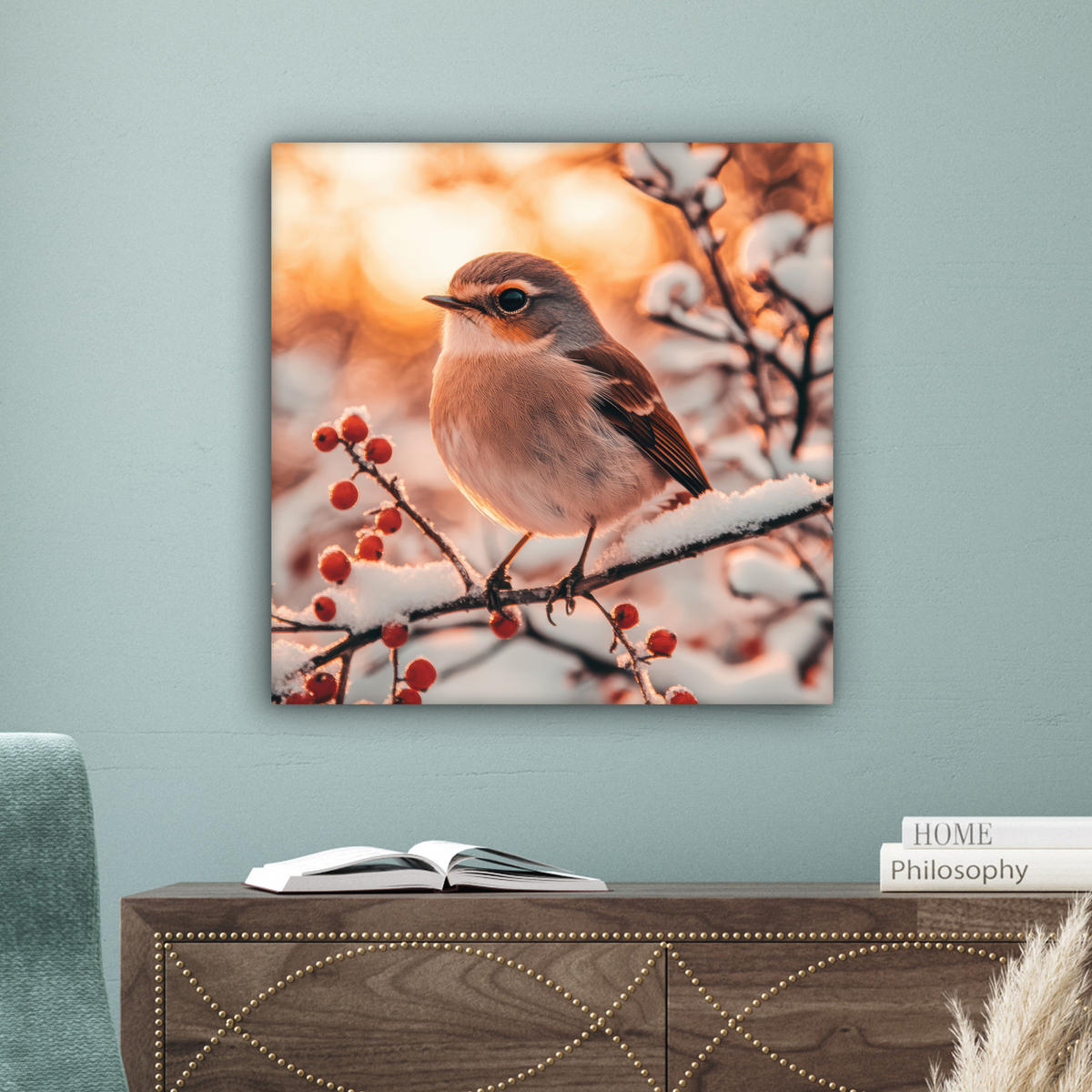 LEINWANDBILD Vogel - Zweig - Winter - Tiere - Schnee 50x50 cm - Bernsteinfarben, Textil (50/50cm) - MuchoWow