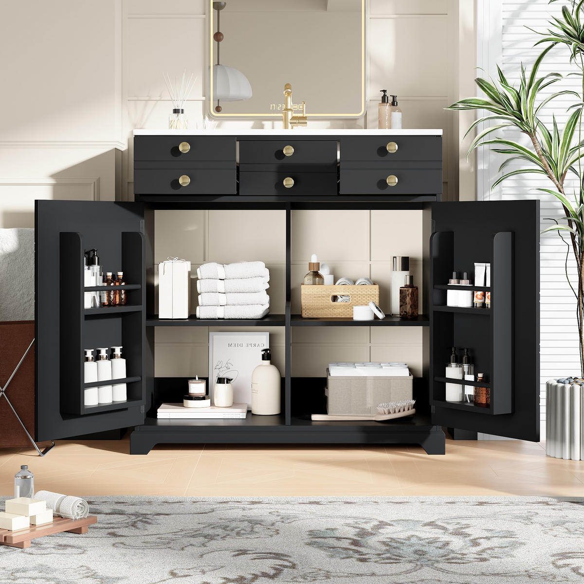 WASCHBECKENUNTERSCHRANK Keramikbecken Schwarz Gold - Schwarz, Holzwerkstoff (91.5/86.5/47cm) - FLIEKS