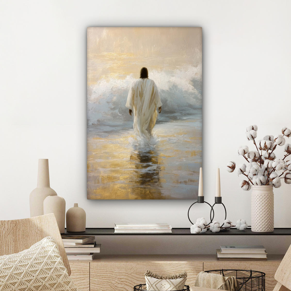 LEINWANDBILD Gemälde - Welle - Jesus - Abstrakt Wanddeko Schlafzimmer 60x90 cm - Goldfarben, Textil (60/90cm) - MuchoWow