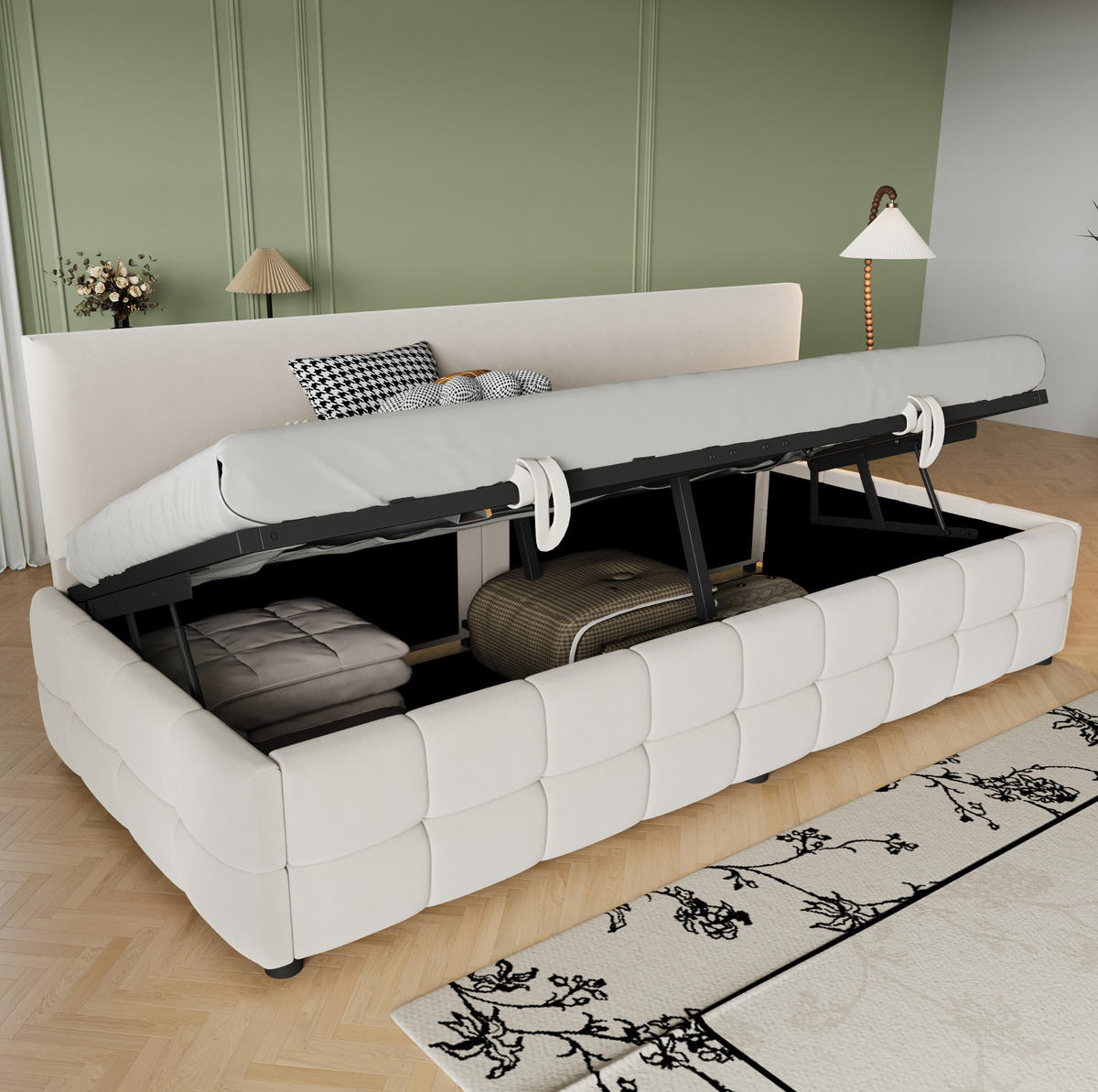 POLSTERBETT aus Samt 90x200 cm Beige mit hydraulischem Bettkasten, Rückenlehne und klassischem Karomuster - Beige, Textil (90/200cm) - Modfu