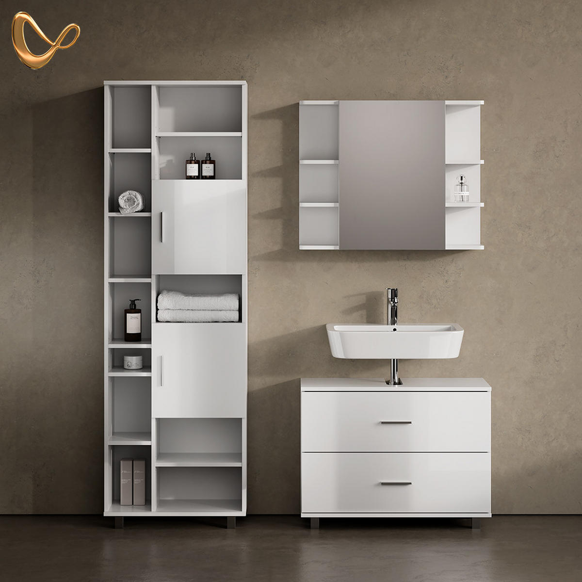 BADMÖBEL-SET Eisak Weiß Hochglanz 2 Teile, Unterschrank 80 cm - Weiß Hochglanz, Holzwerkstoff (80/60/33cm) - Livinity®