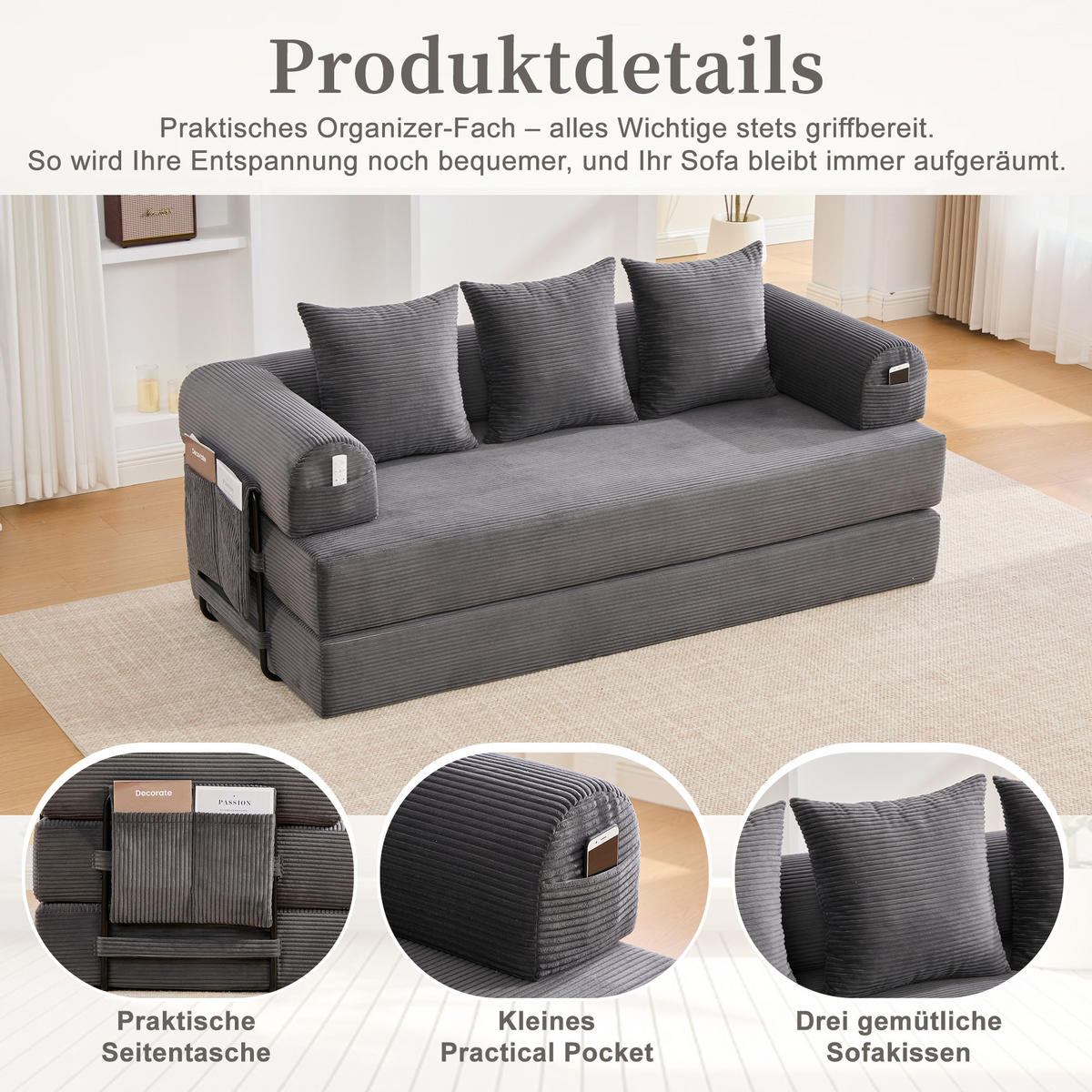 SCHLAFSOFA, Modulares Tagesbett mit Metallgestell, Klappbares Bodensofa Cordstoff, Dunkelgrau - Dunkelgrau, Textil (94/67/200cm) - LVHOM